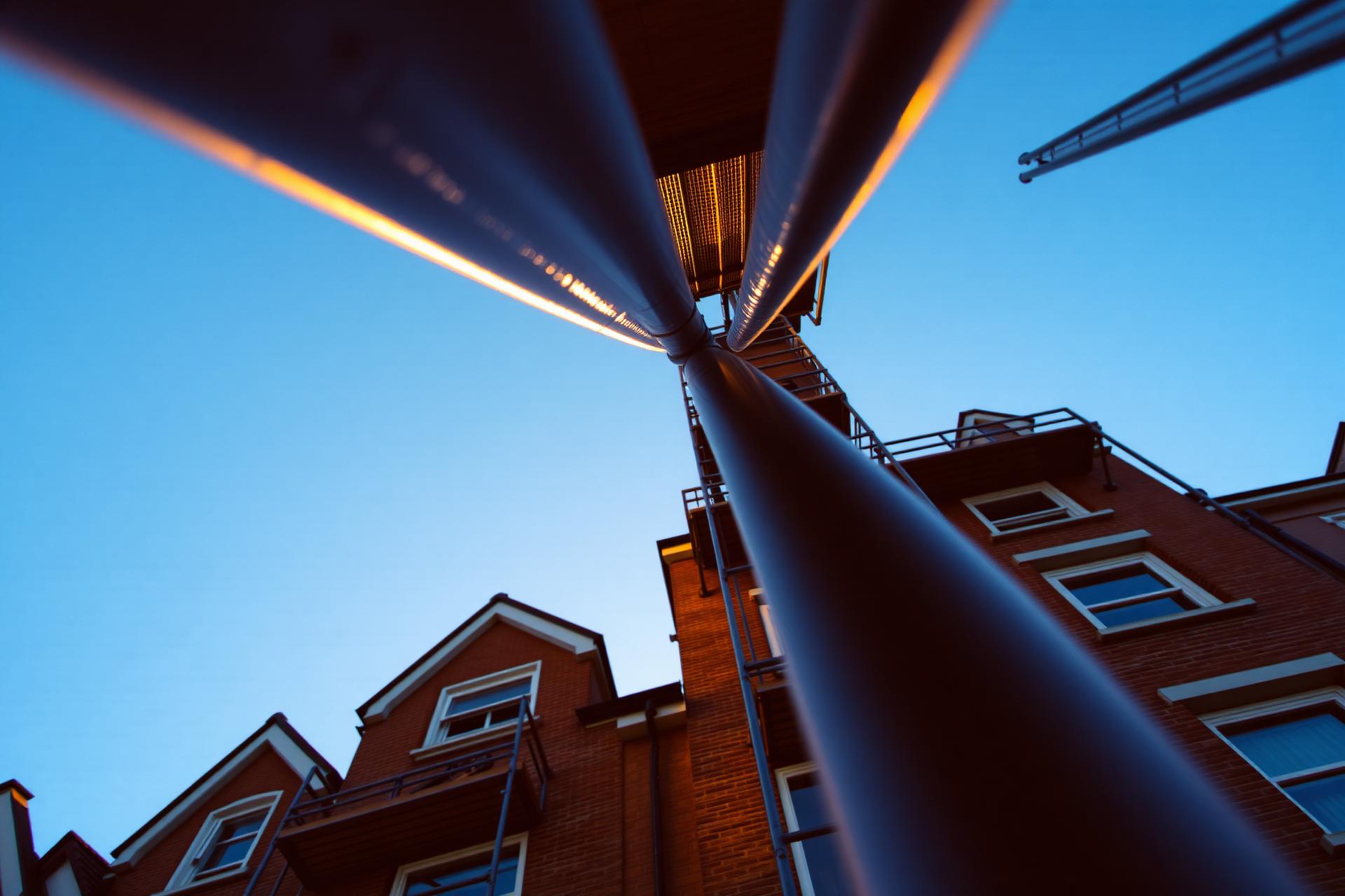 Scaffolding on a London building at dusk